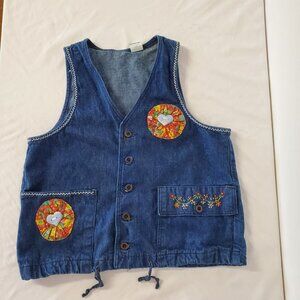 Vintage Wrangler Denim Jean Button Up Vest Embroidery Flowers Womens Size Medium